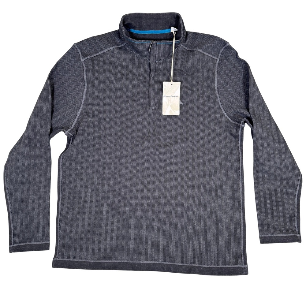 NWT Tommy Bahama Mens L Charcoal Grey Herringbone Quarter Zip Pullover Sweater